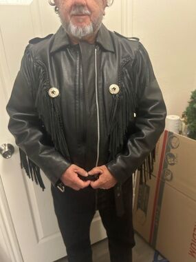Black Fringe Military-Style Leather Jacket with Concho Details